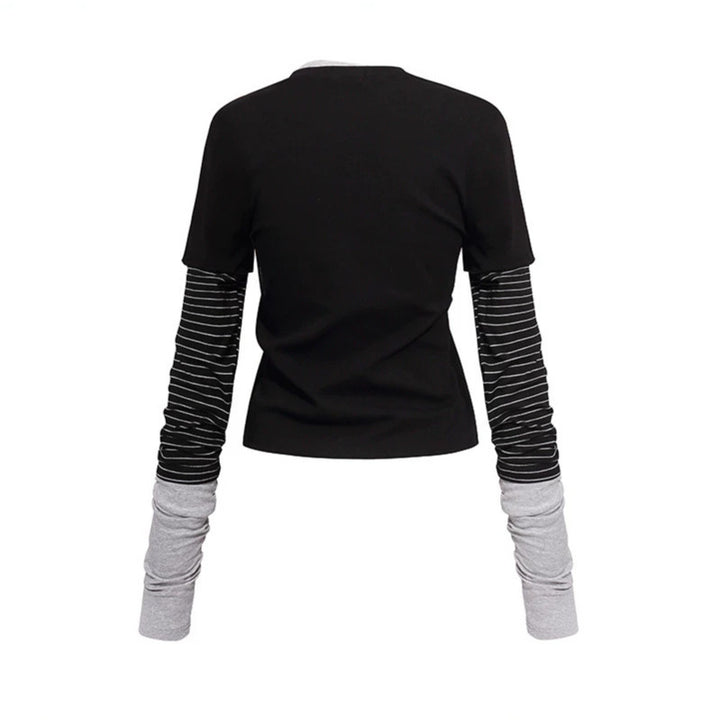 Women's Layered Look Long Sleeve Shirt with Striped Insert Sleeves and Badge Mune Fashion