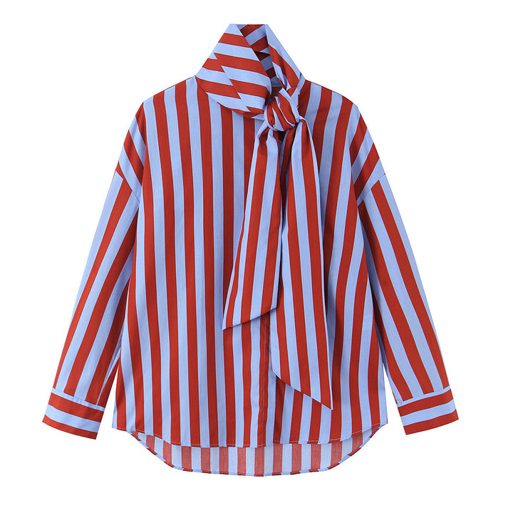 Women Striped Blouse with Bow Collar and Loose Oversize Fit Mune Fashion