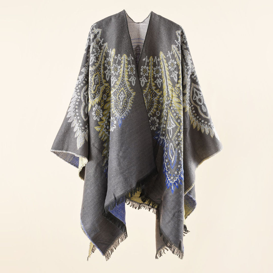 Ladies Reversible Jacquard Wrap Poncho in Oversized Kaftan with Fringe Hem Mune Fashion