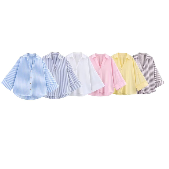 Women Oversize Shirt Blouse with Vertical Stripe Pattern and Extended Back Mune Fashion