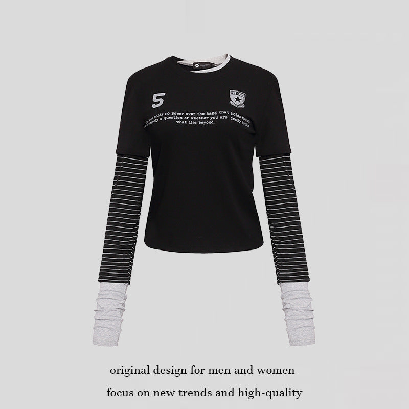 Women's Layered Look Long Sleeve Shirt with Striped Insert Sleeves and Badge Mune Fashion