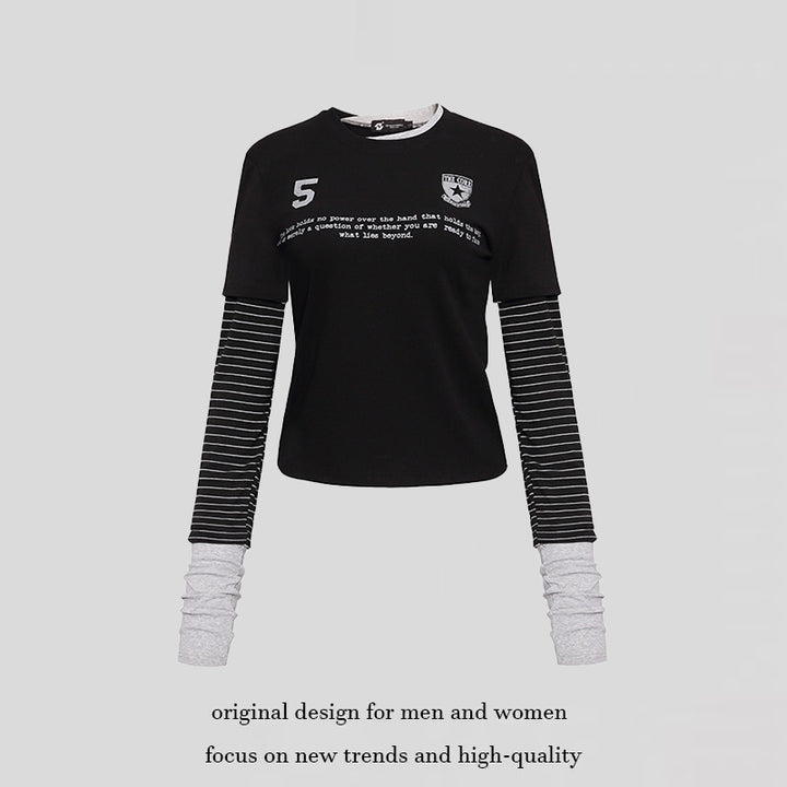 Women's Layered Look Long Sleeve Shirt with Striped Insert Sleeves and Badge Mune Fashion