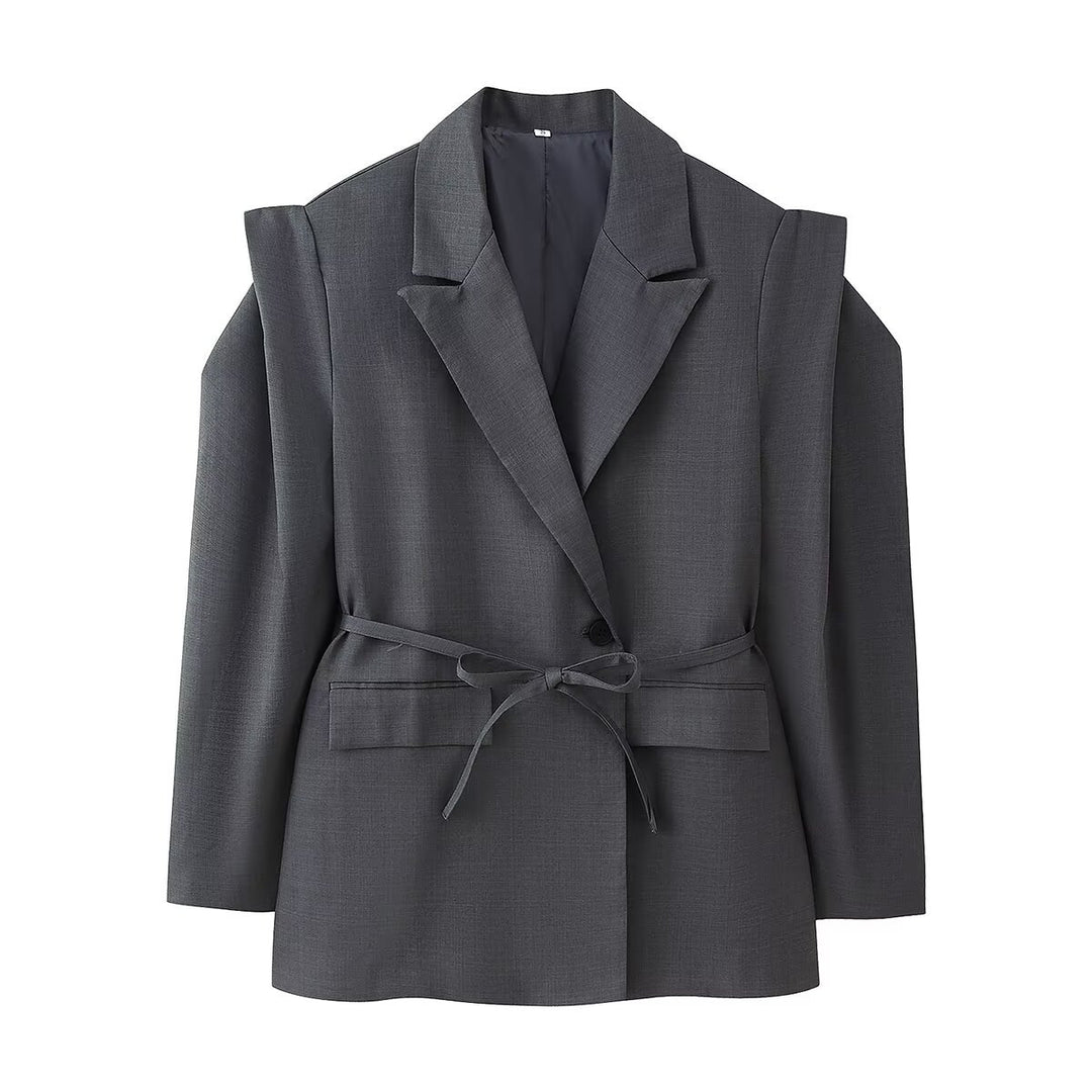 Women's blazer with shoulder cutouts, belted waist and single button closure Mune Fashion