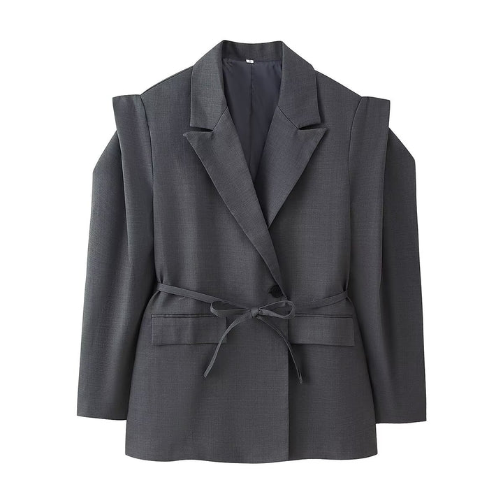 Women's blazer with shoulder cutouts, belted waist and single button closure Mune Fashion