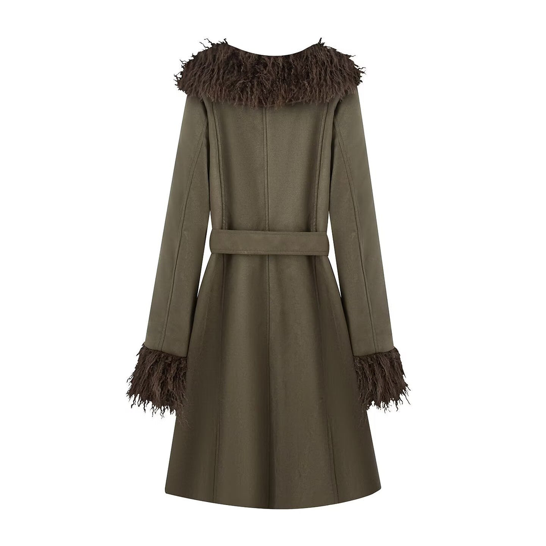 Women Long Coat in Lambskin Look with Tied Belt and Fur Collar Mune Fashion