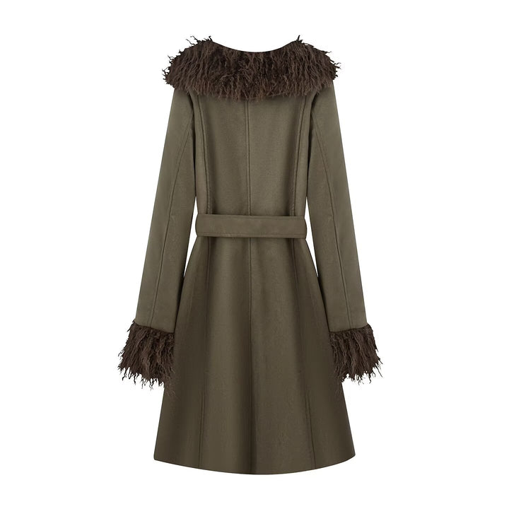 Women Long Coat in Lambskin Look with Tied Belt and Fur Collar Mune Fashion