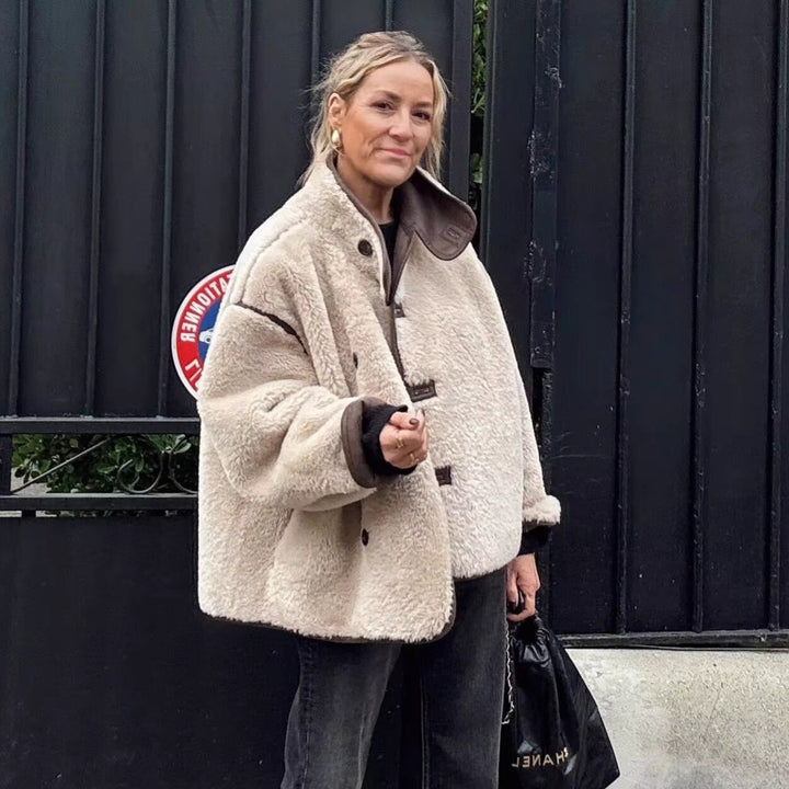 Women's Short Cropped Oversized Teddy Coat with Stand Collar and Contrast Piping Mune Fashion