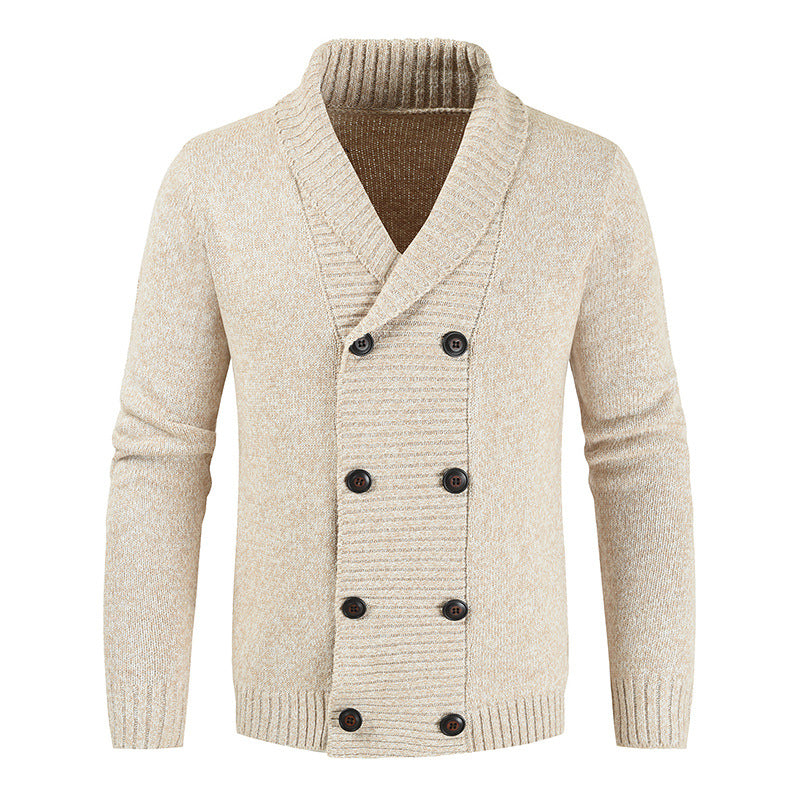 Men's double-breasted knitted cardigan with shawl collar, structured stitch look, and ribbed cuffs Mune Fashion