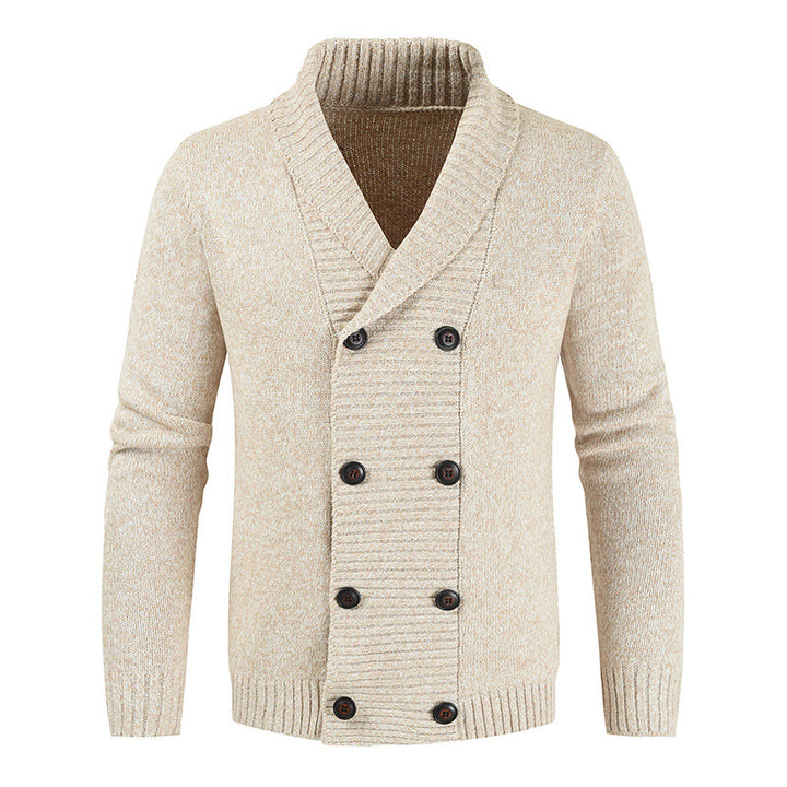 Men's double-breasted knitted cardigan with shawl collar, structured stitch look, and ribbed cuffs Mune Fashion