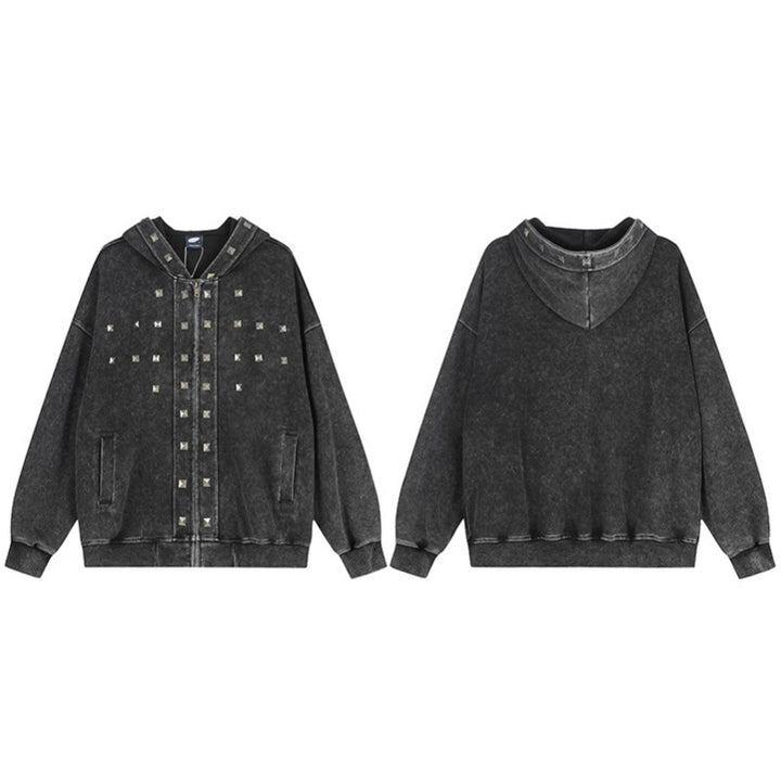 Women Oversize Zip Hoodie with Vintage Wash and Pyramid Studs Mune Fashion