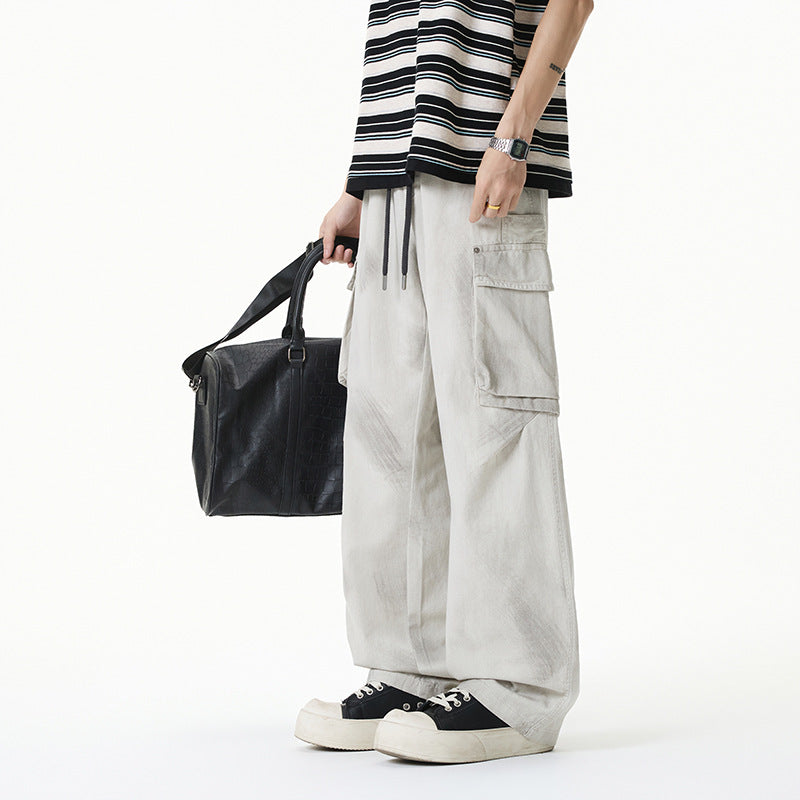 Damen Weite Cargo-Hose im Baggy-Stil mit Tunnelzugbund, Multifachtaschen und Used-Waschung Mune Fashion