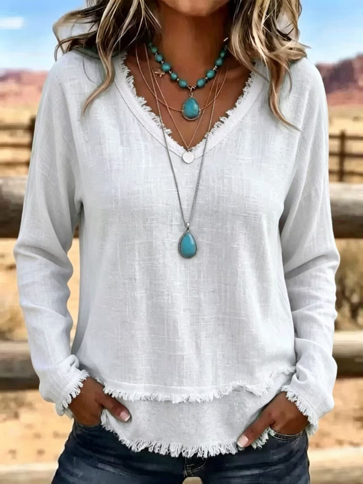 Women's Casual Long Sleeve Top with Fringes Mune Fashion