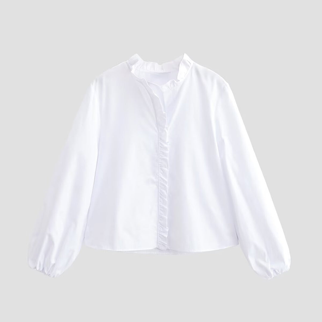 Women Ruffled Blouse with V-Neck and Balloon Sleeves Mune Fashion