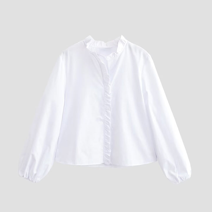Women Ruffled Blouse with V-Neck and Balloon Sleeves Mune Fashion
