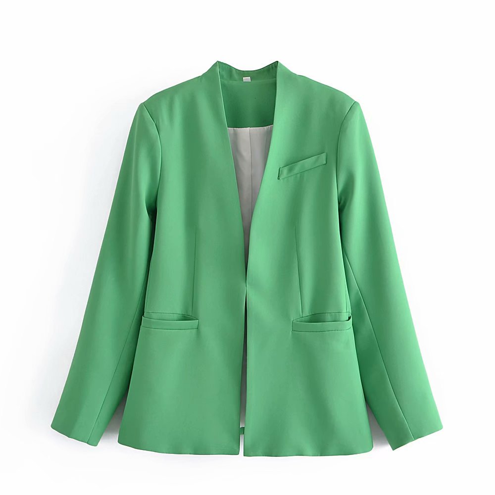 Women Tailored Blazer without Lapels with Open Front and Welt Pockets Mune Fashion