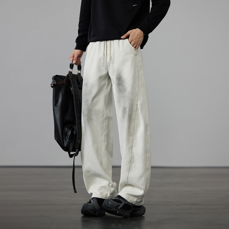 Men's Wide Cotton Drawstring Pants in Vintage Wash Look Mune Fashion
