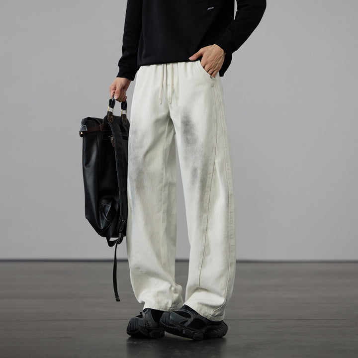 Men's Wide Cotton Drawstring Pants in Vintage Wash Look Mune Fashion