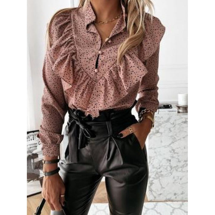 Women’s Ruffle Blouse with Ruffled Collar, Gathered Waist and Polka Dot Print Mune Fashion