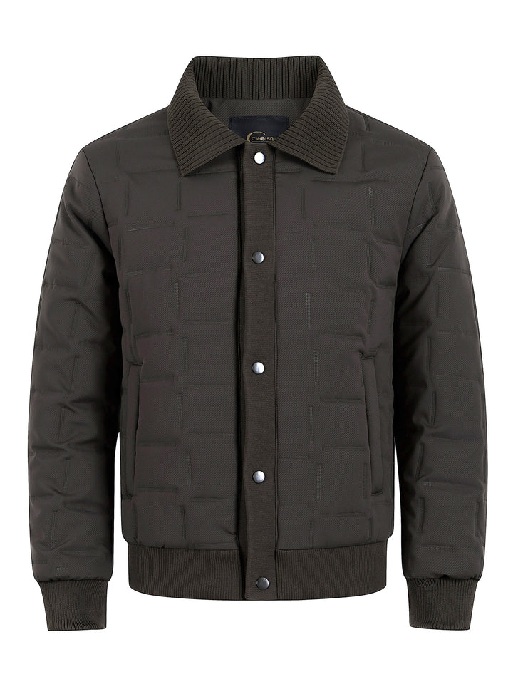 Men's short-cut quilted bomber jacket with ribbed collar, snap button placket, and geometric quilt Mune Fashion