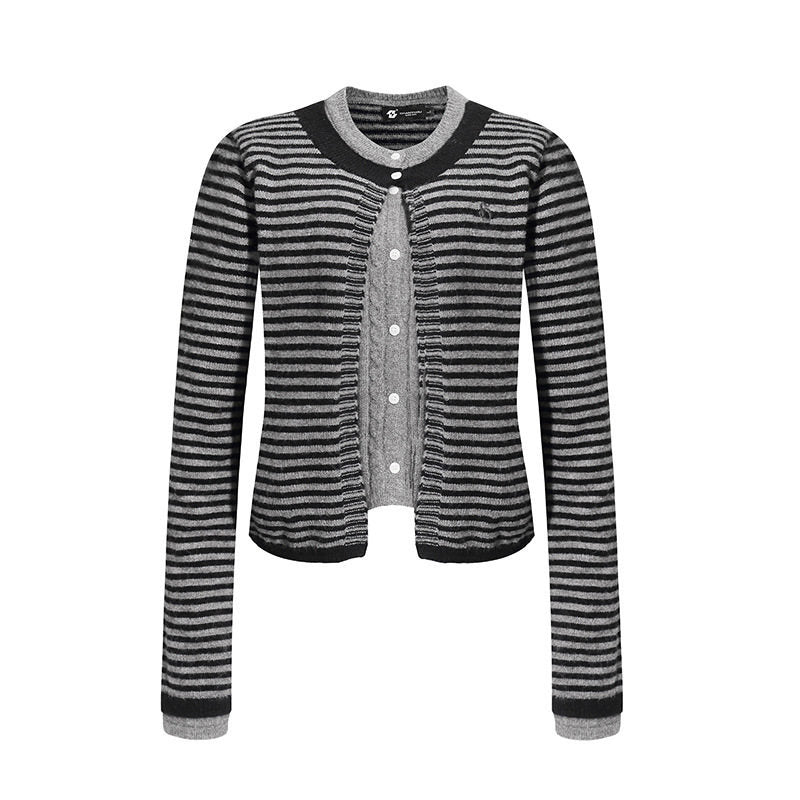 Women's Short Layered Cardigan with Round Neck and Fine Stripes Mune Fashion