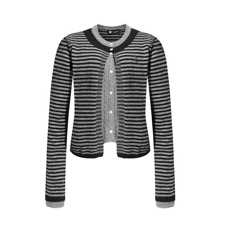 Women's Short Layered Cardigan with Round Neck and Fine Stripes Mune Fashion