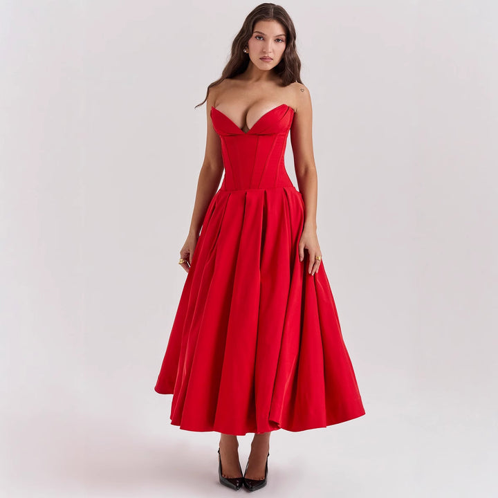 Women's strapless corset midi dress with pre-shaped bodice construction and flared circle skirt Mune Fashion