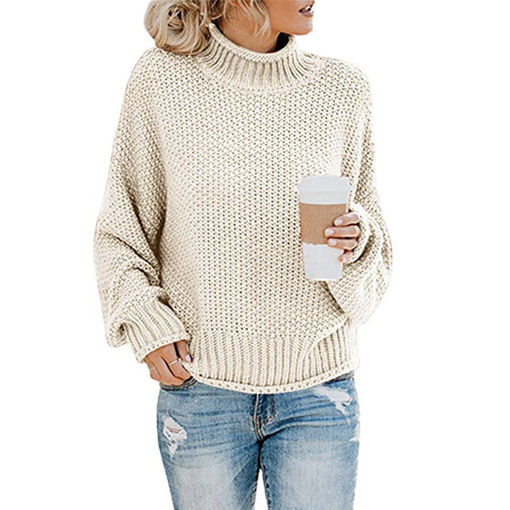 Women's chunky knit turtleneck sweater with oversized cut and block stripe design Mune Fashion