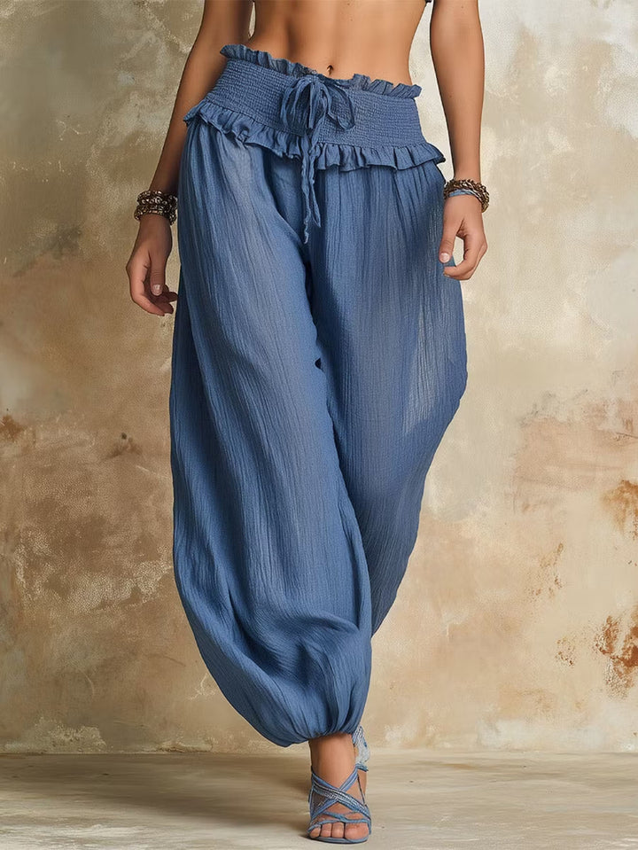 Women Wide Harem Pants with Gathered Smock Waistband and Elastic Ankle Closures Mune Fashion