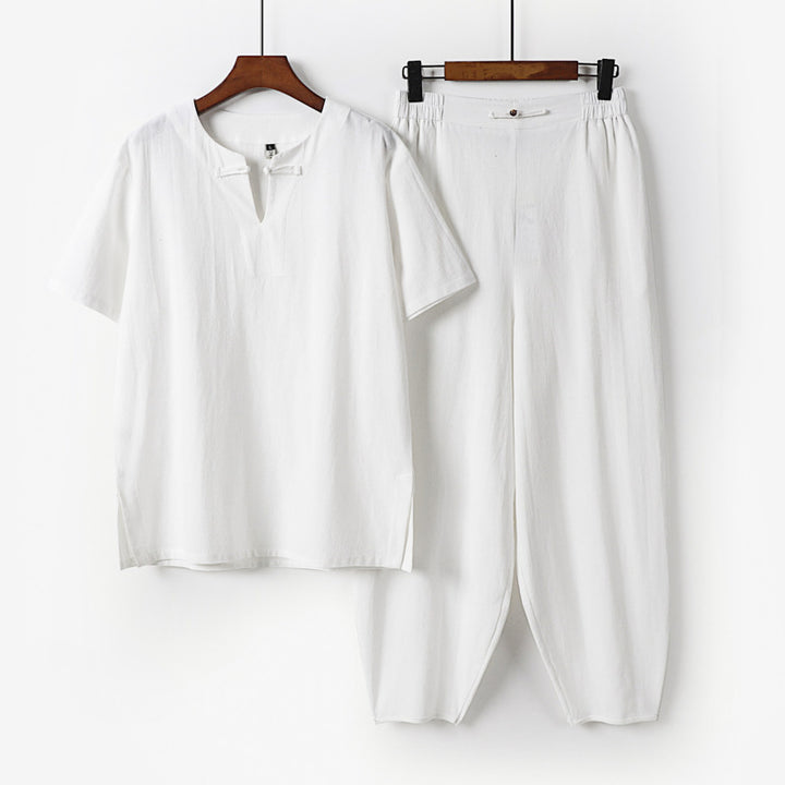 Men's Two-Piece Set with Short Sleeve Stand Collar Shirt and Elastic Harem Pants Mune Fashion