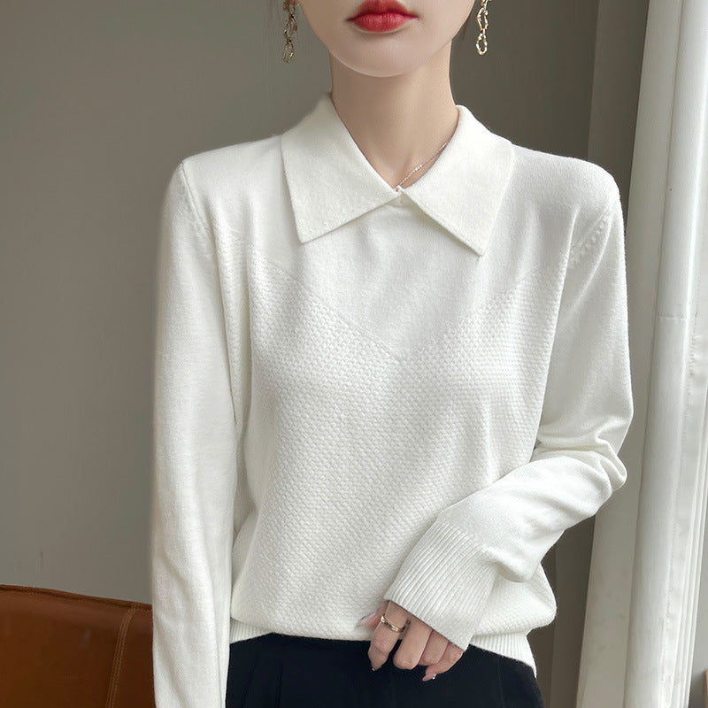 Women's Knit Sweater with Shirt Collar and Textured Front Mune Fashion
