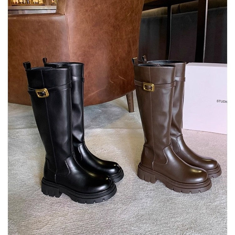 Ladies Knee Boots with Profiled Lug Sole and Decorative Buckle Strap Mune Fashion