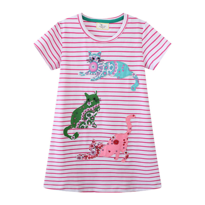 Girls striped short sleeve dress with colorful cat motifs Mune Fashion