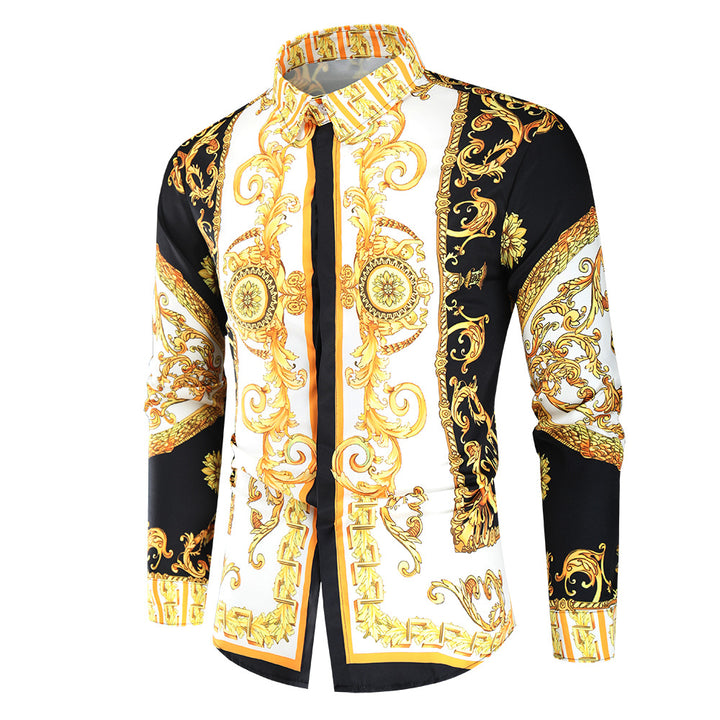 Men's Baroque Long-Sleeve Shirt with Ornamental Print, Kent Collar and Tailored Fit Mune Fashion