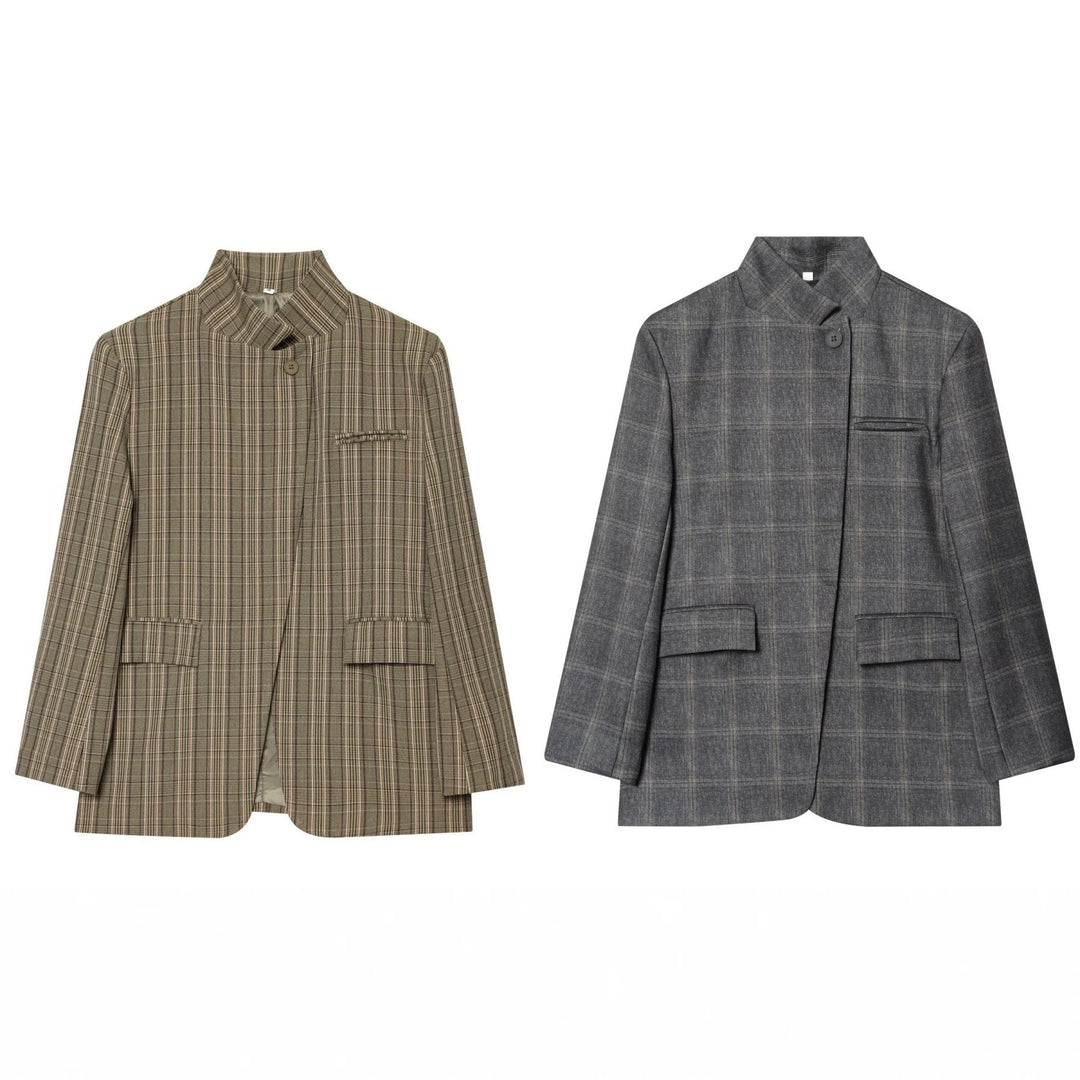 Women's Boxy Glencheck Blazer with Stand Collar and Flap Pockets Mune Fashion