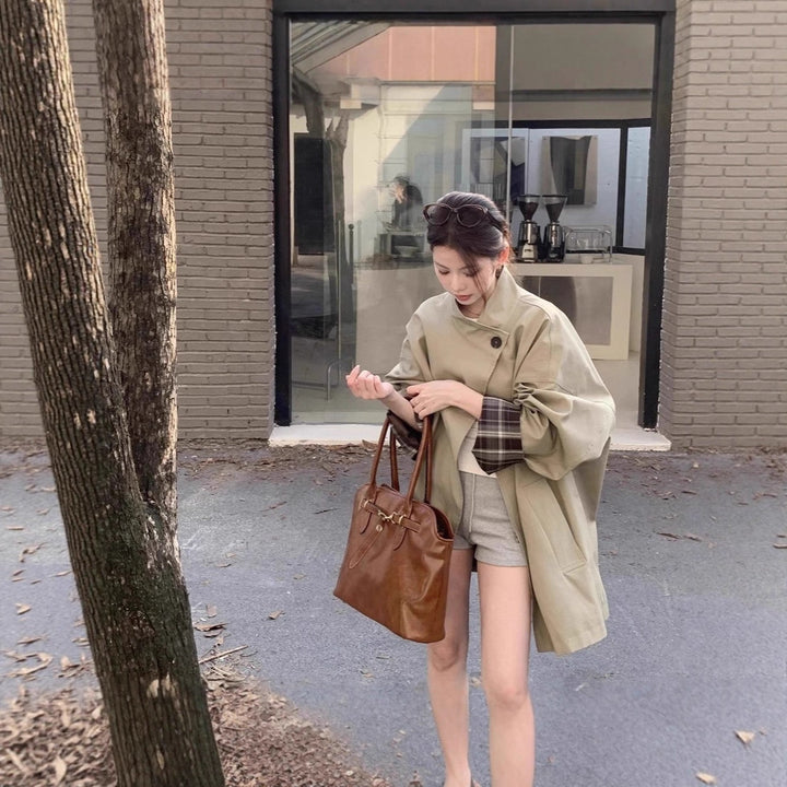 Women Oversized Short Coat with Stand-Up Collar and Checked Sleeve Lining Mune Fashion