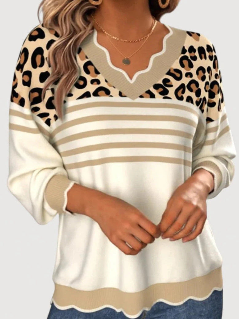 Ladies Stylish V-Neck Sweater with Leopard Print