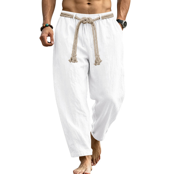Men's Casual Linen Lounge Pants with Elastic Waistband, Decorative Rope Belt and Side Pockets Mune Fashion