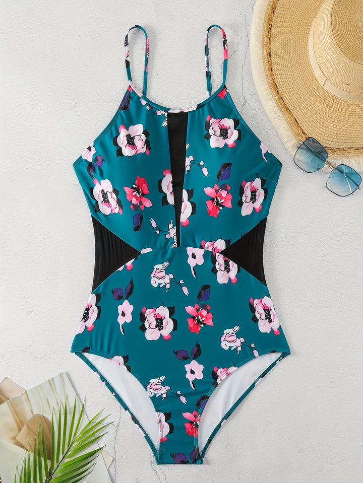 Women One-Piece Swimsuit with Fashionable Floral Design and Stylish Black Mune Fashion