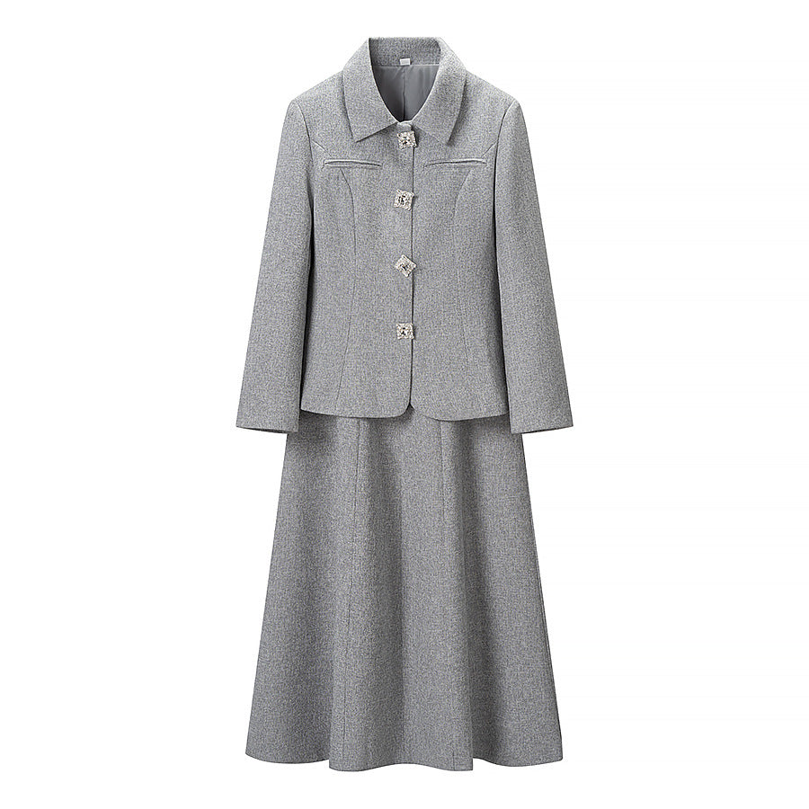 Women's Two-Piece Wool Blend Set with Tailored Short Blazer and Flared Midi Skirt Mune Fashion