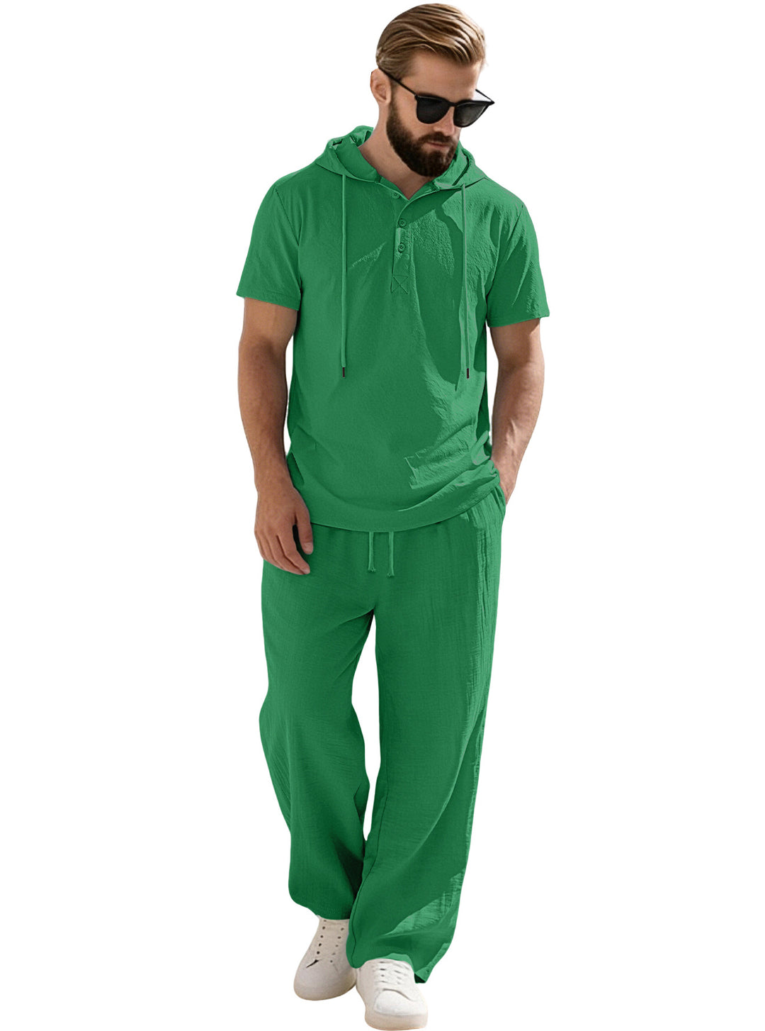 Men's casual short-sleeve hooded shirt in crinkled cotton blend with Henley button placket Mune Fashion