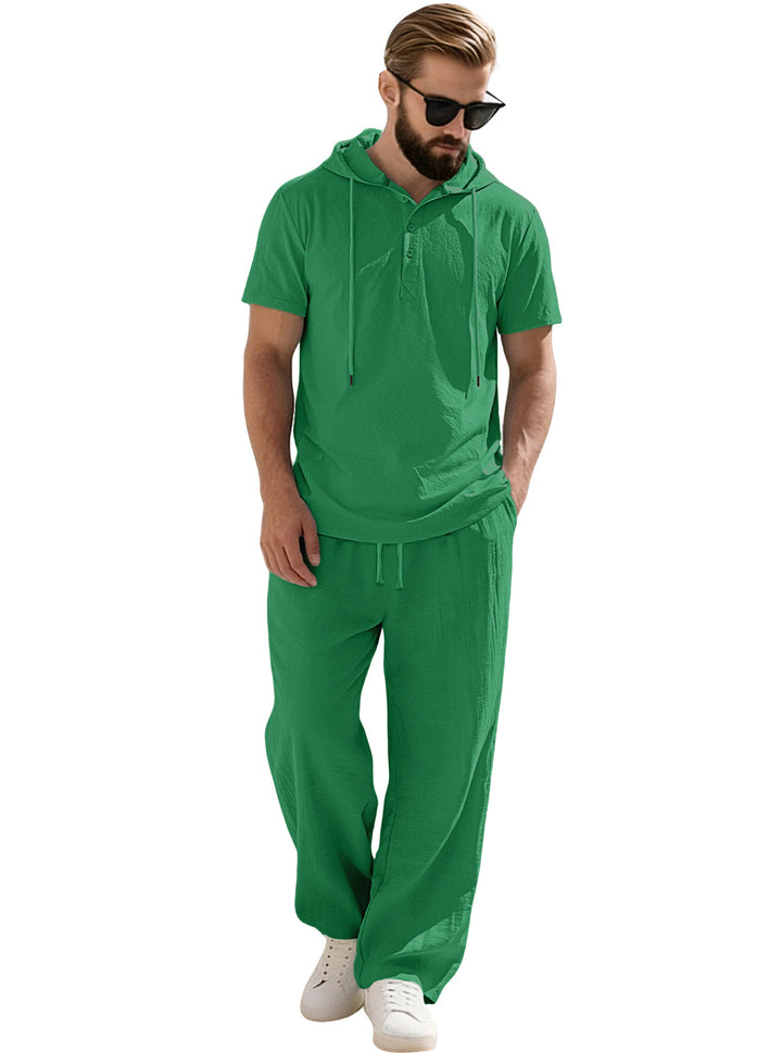 Men's casual short-sleeve hooded shirt in crinkled cotton blend with Henley button placket Mune Fashion