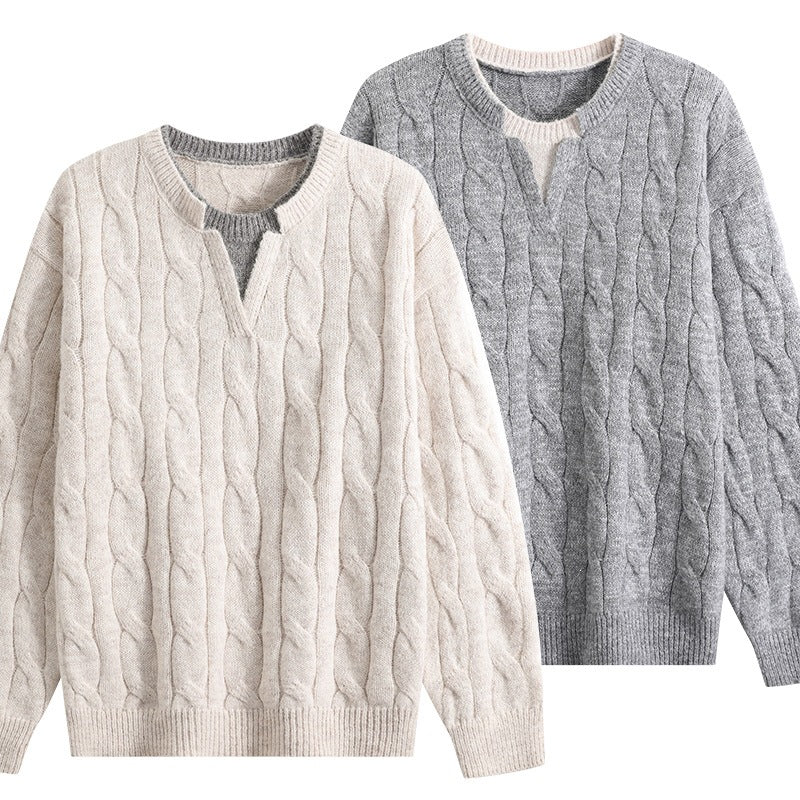 Women Oversize Cable Knit Sweater with V-Slit Collar Mune Fashion