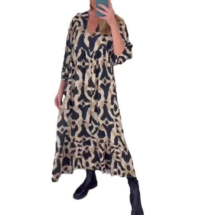 Women's flowing tiered maxi dress with V-neck, gathered bust panel and three-quarter sleeves Mune Fashion