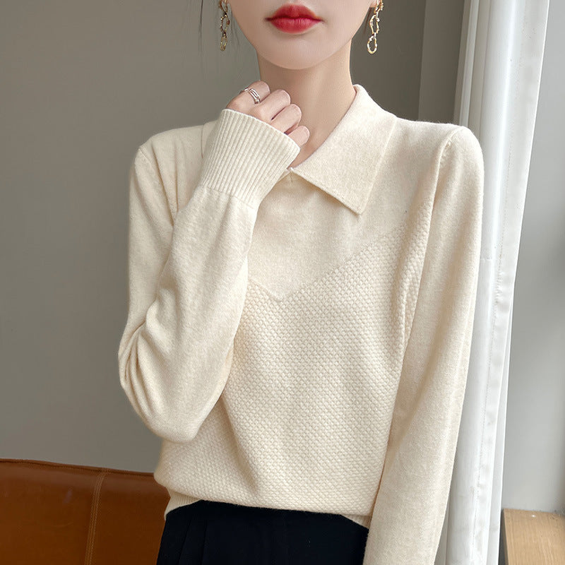 Women's Knit Sweater with Shirt Collar and Textured Front Mune Fashion