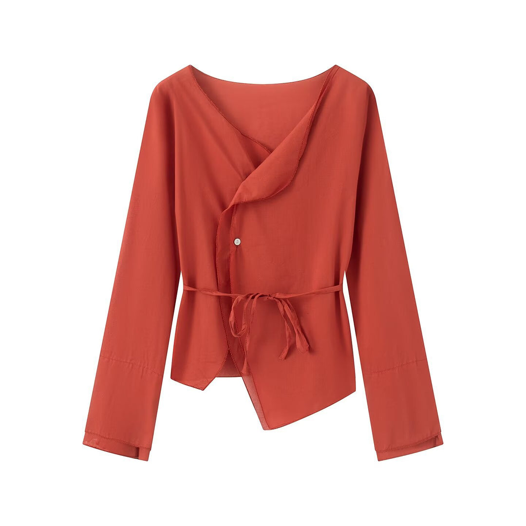 Women's wrap blouse with asymmetrical front, V-neck and tie belt Mune Fashion