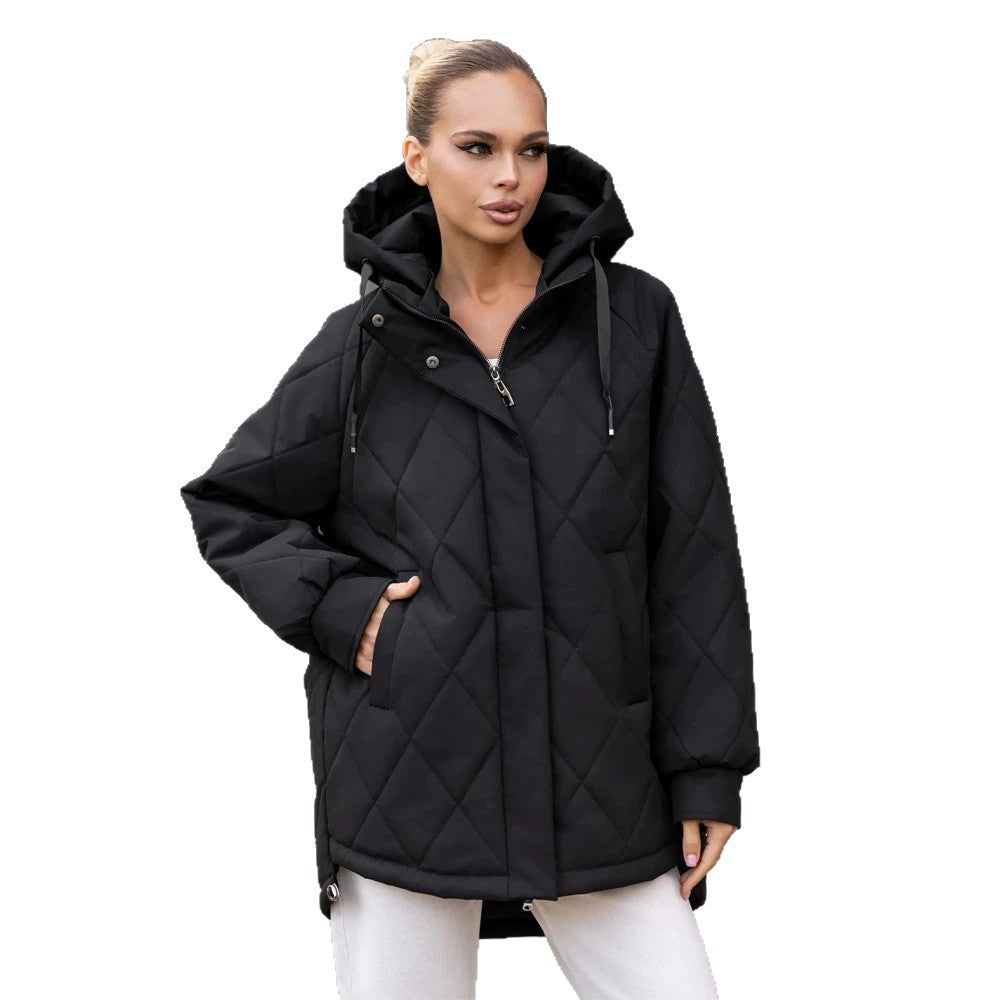 Women's quilted parka in diamond quilting pattern with hood and extended back Mune Fashion
