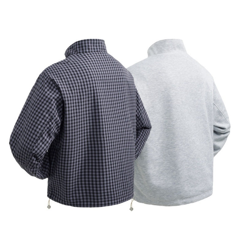 Men's checked lightweight transitional jacket with stand-up collar, zipper and drawstring hem Mune Fashion