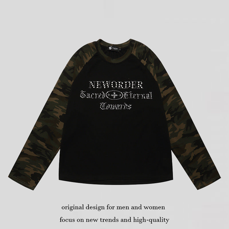 Women's Long Sleeve Shirt with Camouflage Raglan Sleeves and Rhinestone Logo Print Mune Fashion