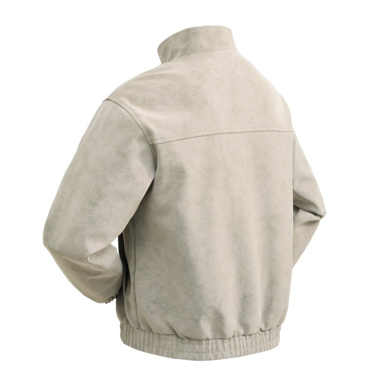 Men's short velour imitation blouson with high stand-up collar, metal zipper, and elastic hem Mune Fashion