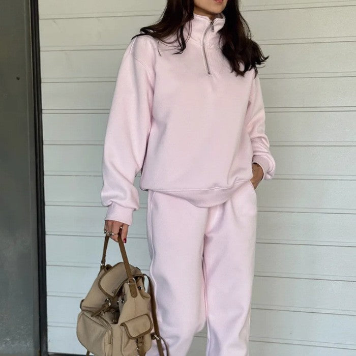 Women's sweat set with half-zip, oversized pullover and high-waisted wide cut jogging pants Mune Fashion